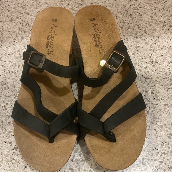 A. Giannetti, Made in Italy, Black Leather Cork Sole Sandals, Size 8 - Picture 3 of 6